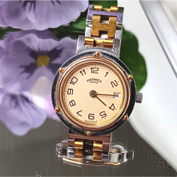 Hermès✨Ivory Yellow Gold Plated Stainless Steel Clipper Quartz Wristwatch - Picture 1 of 15